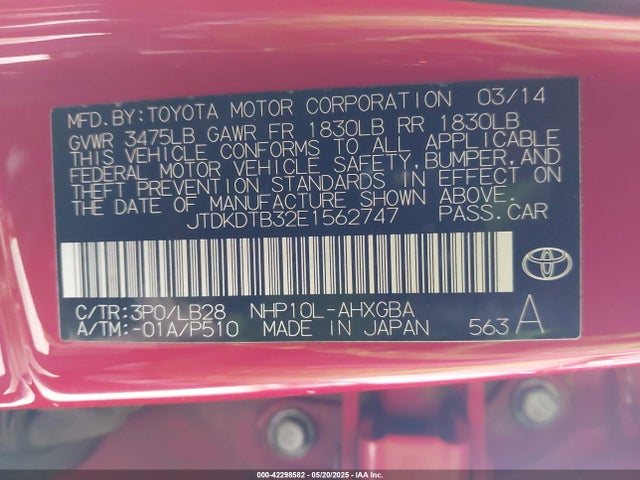JTDKDTB32E1562747 Toyota Prius C Four