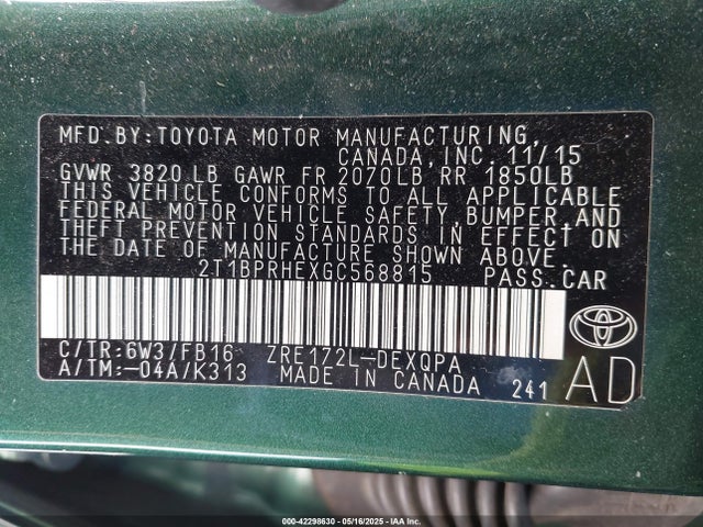 2T1BPRHEXGC568815 Toyota Corolla Le Eco