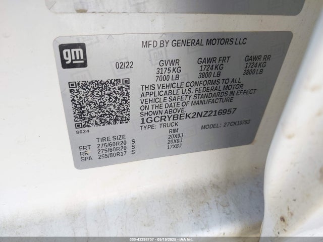 1GCRYBEK2NZ216957 Chevrolet Silverado 1500 Ltd 4wd Double Cab Standard Bed Custom