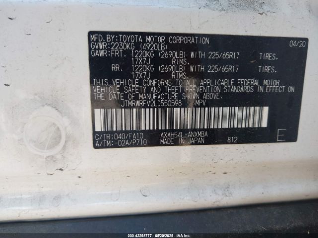 JTMRWRFV2LD550598 Toyota Rav4 Hybrid Xle