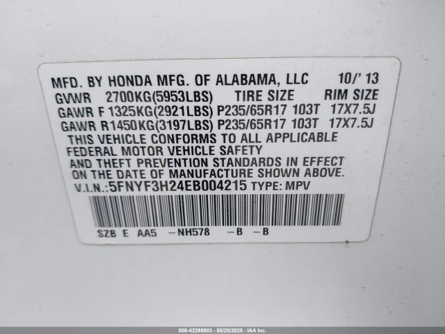 Honda PILOT LX 2014 5FNYF3H24EB004215 Image 9