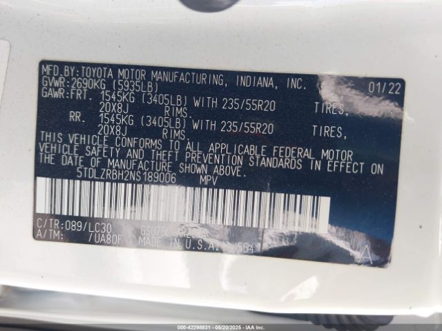 2022 TOYOTA HIGHLANDER 5TDLZRBH2NS189006 Photo 8