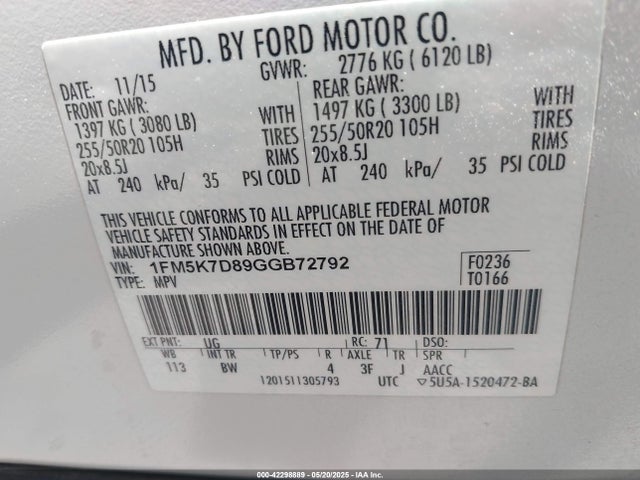 1FM5K7D89GGB72792 Ford 2016