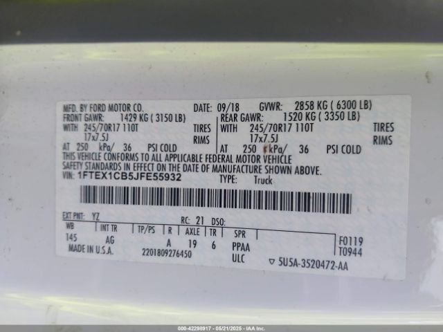 1FTEX1CB5JFE55932 Ford F-150 Xl
