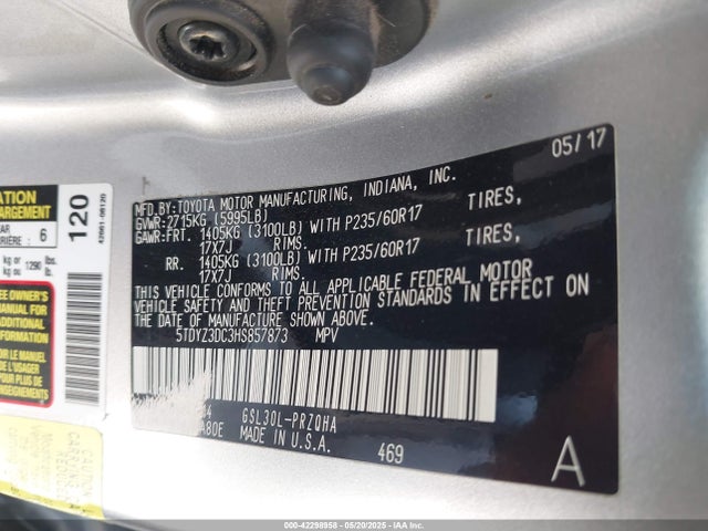 42298958 :رقم المزاد ، 5TDYZ3DC3HS857873 vin ، 2017 Toyota Sienna Xle 8 Passenger مزاد بيع
