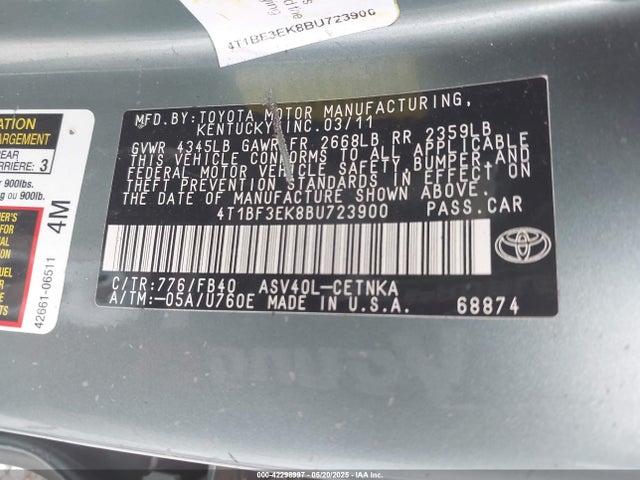 2011 Toyota Camry Le მანქანა იყიდება აუქციონზე, vin: 4T1BF3EK8BU723900, აუქციონის ნომერი: 42298997