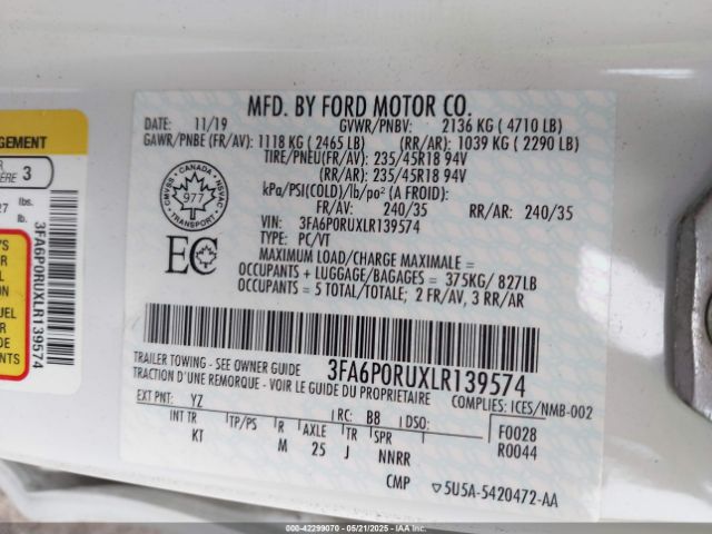 3FA6P0RUXLR139574 Ford Fusion Hybrid Titanium