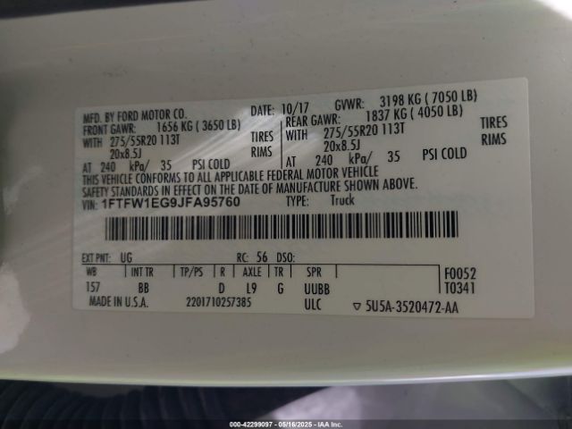 1FTFW1EG9JFA95760 Ford F-150 Platinum