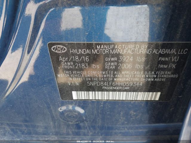 5NPD84LF6HH059344 Hyundai Elantra Limited