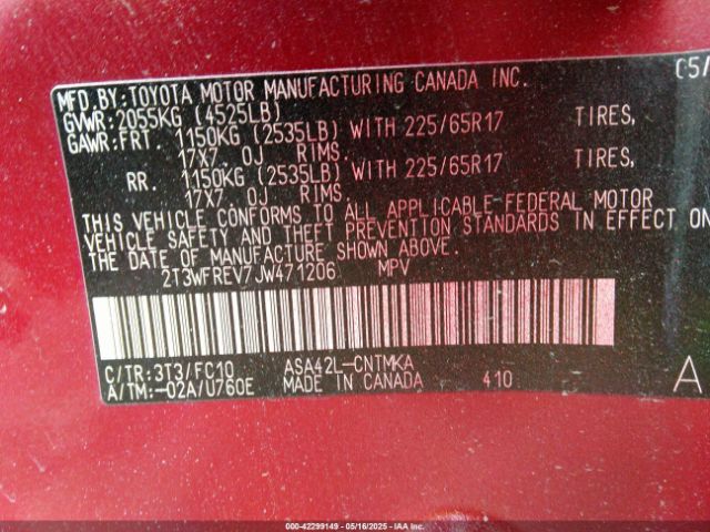 2T3WFREV7JW471206 Toyota Rav4 Xle
