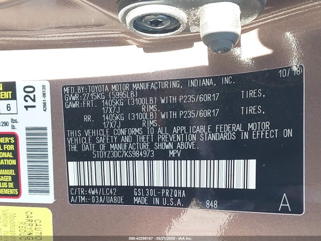 5TDYZ3DC7KS984973 Toyota Sienna Xle 8 Passenger