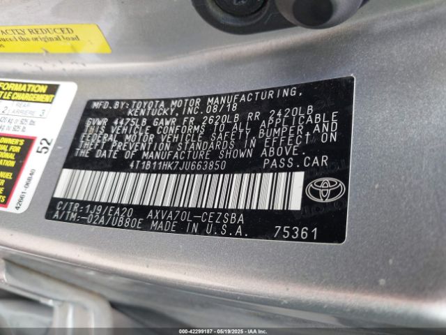 4T1B11HK7JU663850 Toyota CAMRY SE