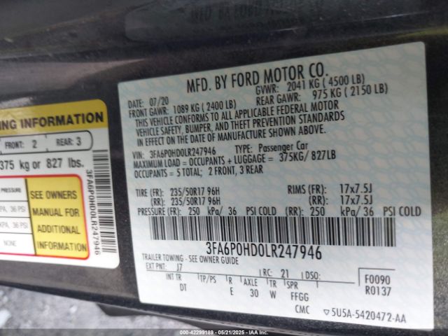 2020 FORD FUSION 3FA6P0HD0LR247946 Photo 8