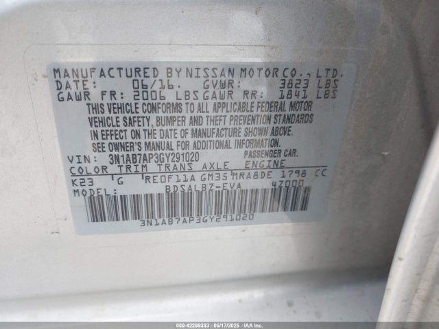 3N1AB7AP3GY291020 Nissan Sentra Fe+ S/s/sl/sr/sv