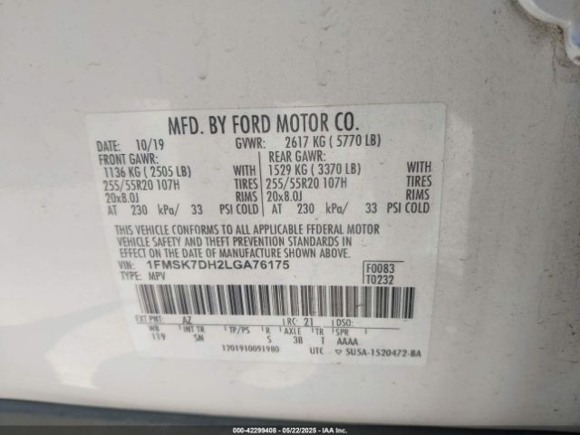 1FMSK7DH2LGA76175 Ford EXPLORER XLT