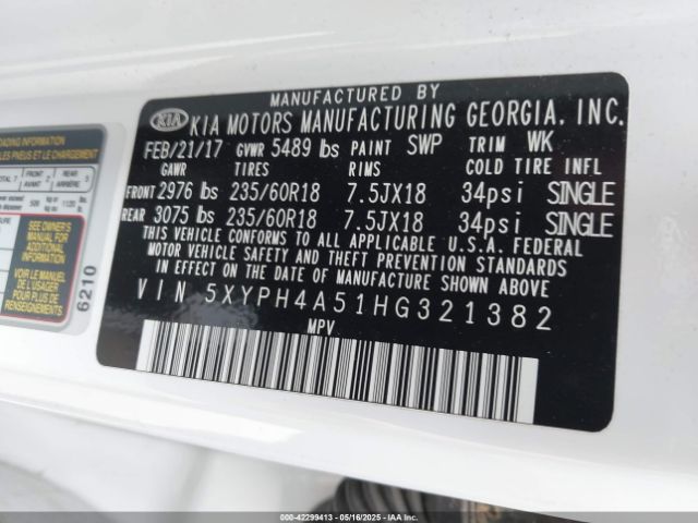 5XYPH4A51HG321382 KIA Sorento 3.3l Ex