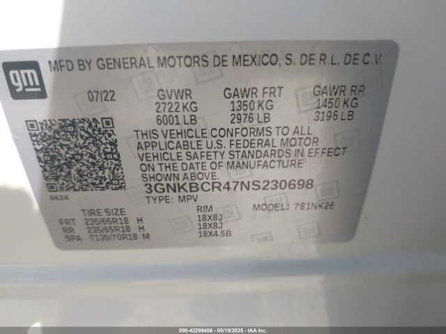 3GNKBCR47NS230698 Chevrolet Blazer Fwd 2lt