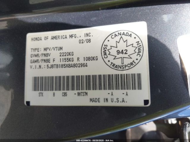 2008 ACURA RDX 5J8TB185X8A802964 Photo 8