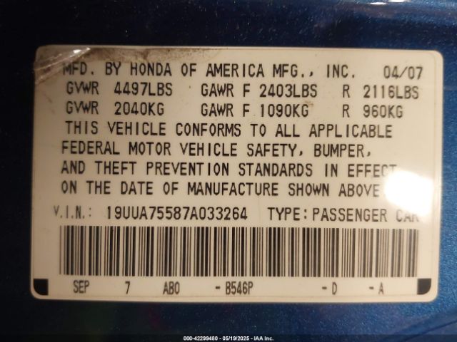 2007 ACURA TL 19UUA75587A033264 Photo 8