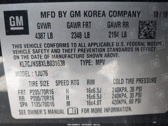 KL7CJNSBXLB031638 Chevrolet Trax Awd Ls