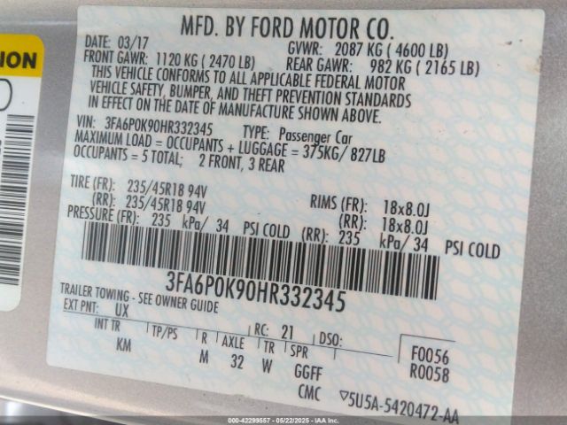 3FA6P0K90HR332345 Ford Fusion Titanium