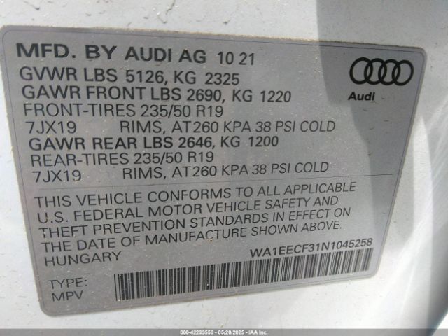 WA1EECF31N1045258 Audi Q3 Premium Plus 45 Tfsi S Line Quattro Tiptronic