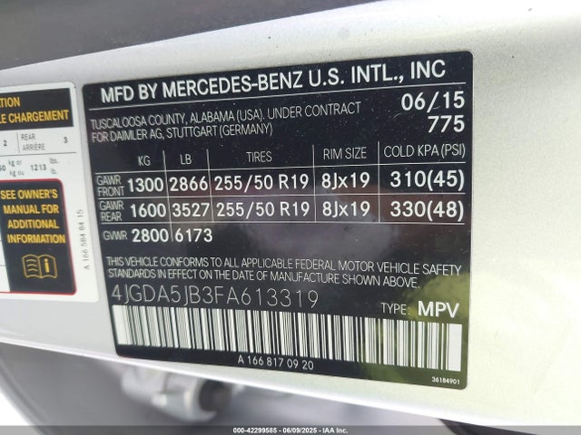 Mercedes-Benz Ml-Class 2015 4JGDA5JB3FA613319 Image 9