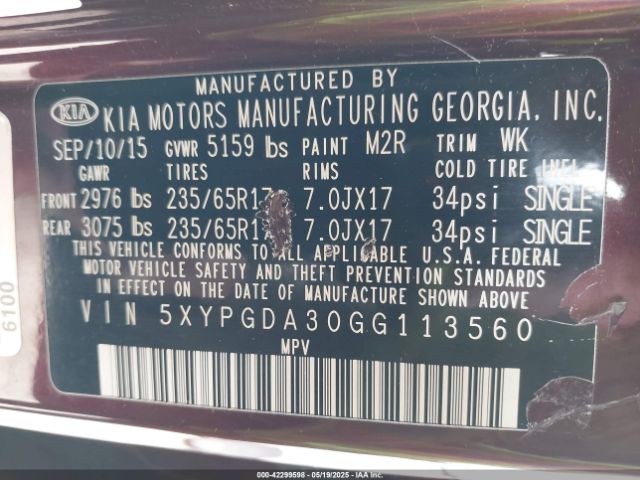 5XYPGDA30GG113560 KIA dohc gdi theta ii