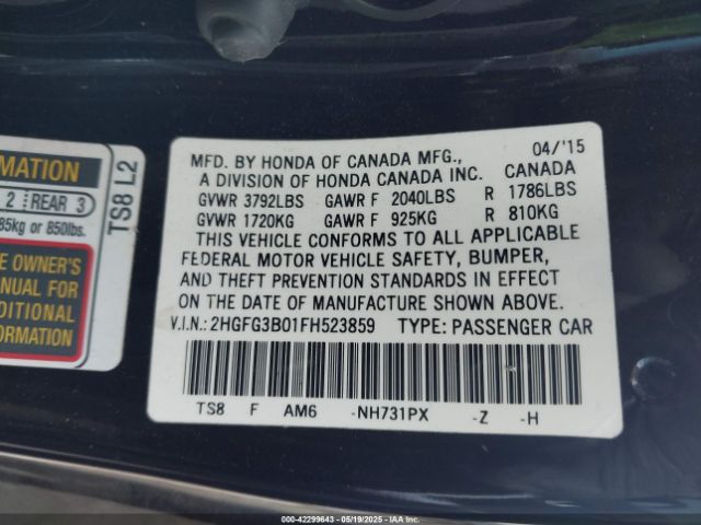 2HGFG3B01FH523859 Honda Civic Ex-l