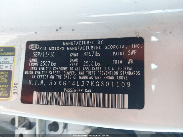 5XXGT4L37KG301109 KIA Optima Lx