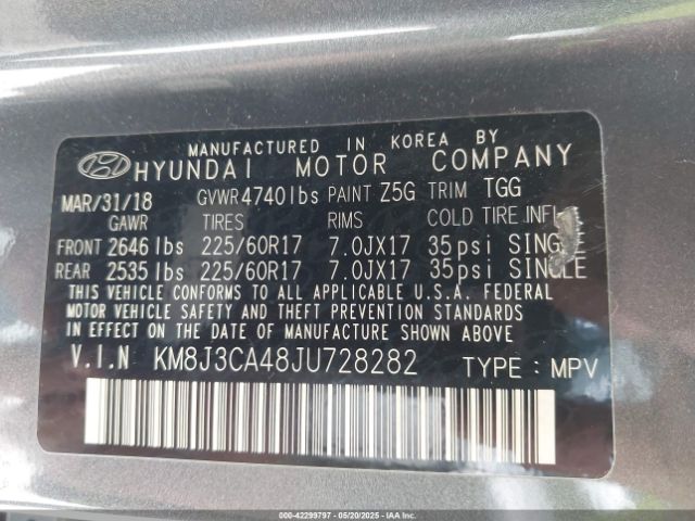 KM8J3CA48JU728282 Hyundai TUCSON SEL