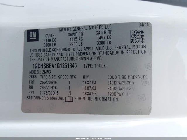 1GCHSBEA1G1261846 Chevrolet Colorado Wt