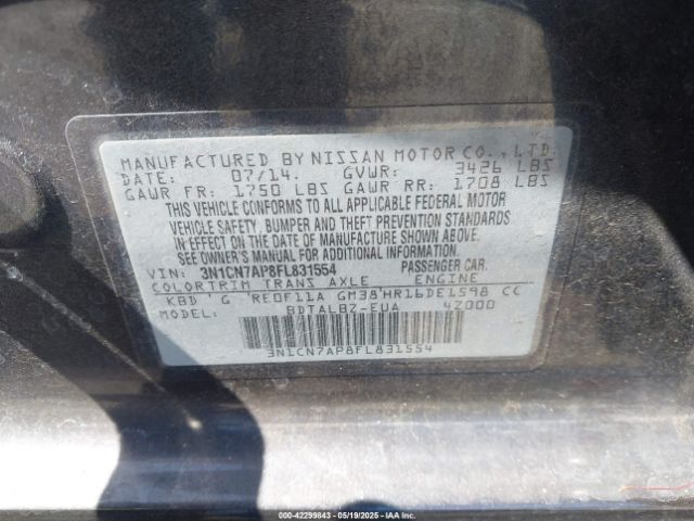 3N1CN7AP8FL831554 Nissan Versa 1.6 Sv