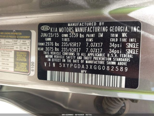 5XYPGDA3XGG082589 KIA Sorento 2.4l Lx