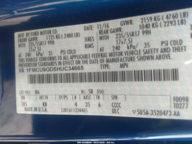 1FMCU9GD5HUC34665 Ford ESCAPE SE