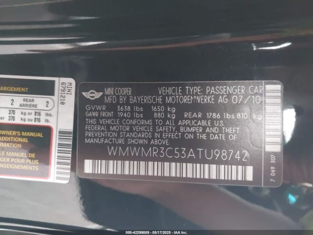 2010 MINI COOPER WMWMR3C53ATU98742 Photo 8