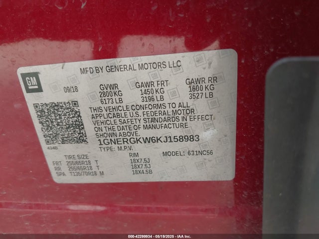 1GNERGKW6KJ158983 Chevrolet Traverse 1lt