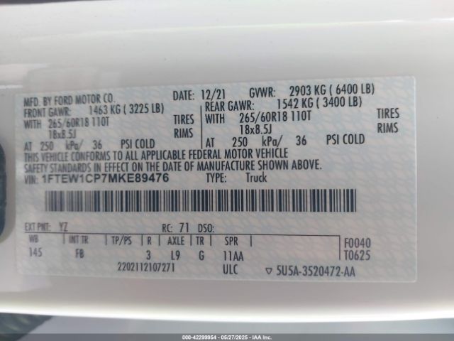 1FTEW1CP7MKE89476 Ford F-150 Xlt