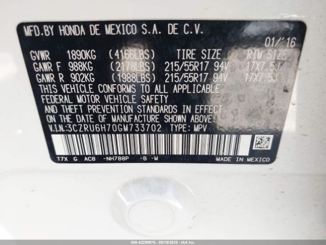 3CZRU6H70GM733702 Honda Hr-v Ex-l