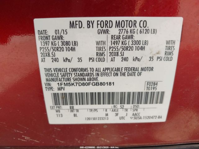 1FM5K7D80FGB80181 Ford EXPLORER XLT