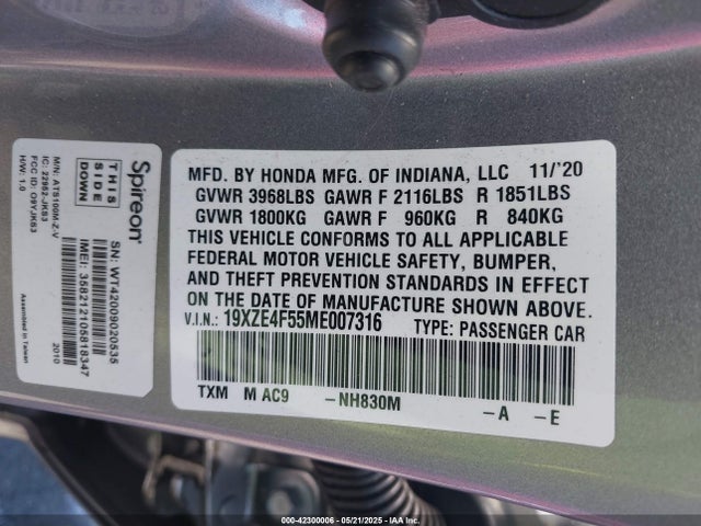 19XZE4F55ME007316 Honda INSIGHT EX
