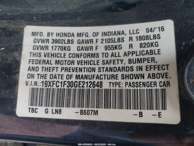 19XFC1F30GE212648 Honda Civic Ex-t