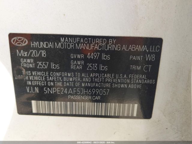 5NPE24AF5JH699057 Hyundai SONATA SE