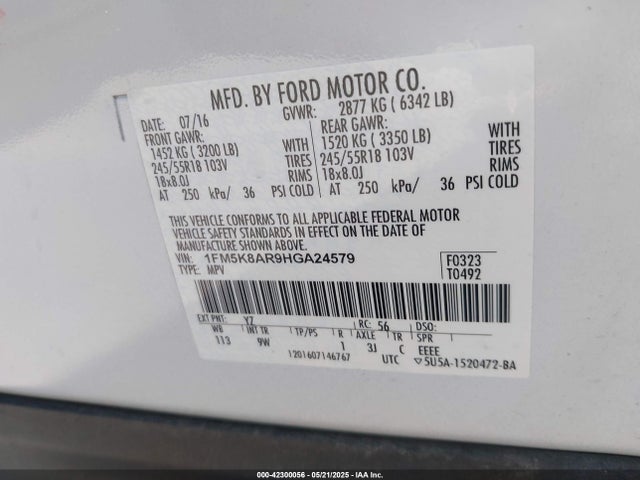 1FM5K8AR9HGA24579 Ford 3.7l ti-vct