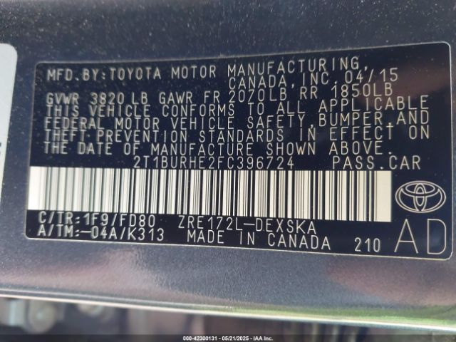 2T1BURHE2FC396724 Toyota Corolla S Plus