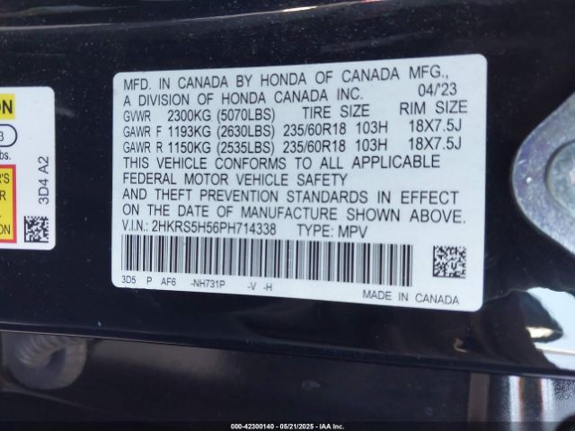 2HKRS5H56PH714338 Honda Cr-v Hybrid Sport