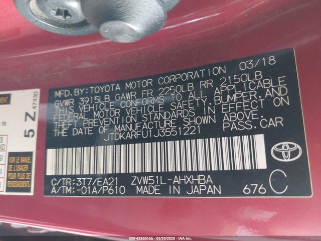 JTDKARFU1J3551221 Toyota 2zr-fxe,1nm