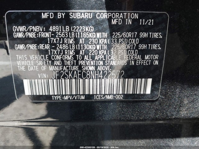 Subaru na u5 2022 JF2SKAEC8NH422572 Image 9