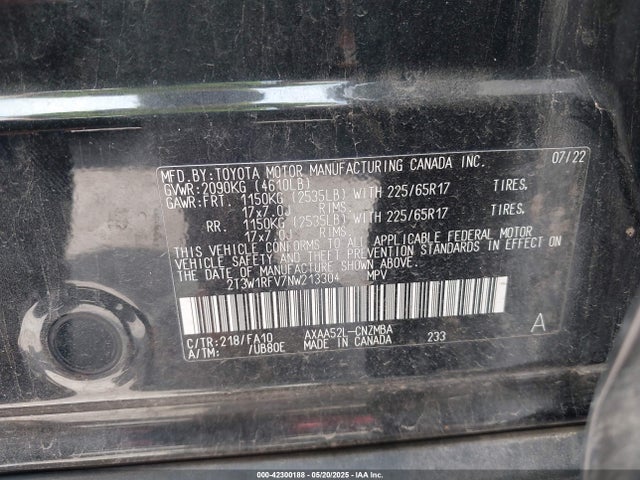 2T3W1RFV7NW213304 Toyota a25a-fks