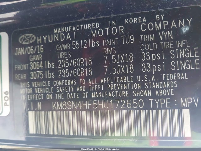 Продажа на аукционе авто 2017 Hyundai Santa Fe Se, vin: KM8SN4HF5HU172650, номер лота: 42300215